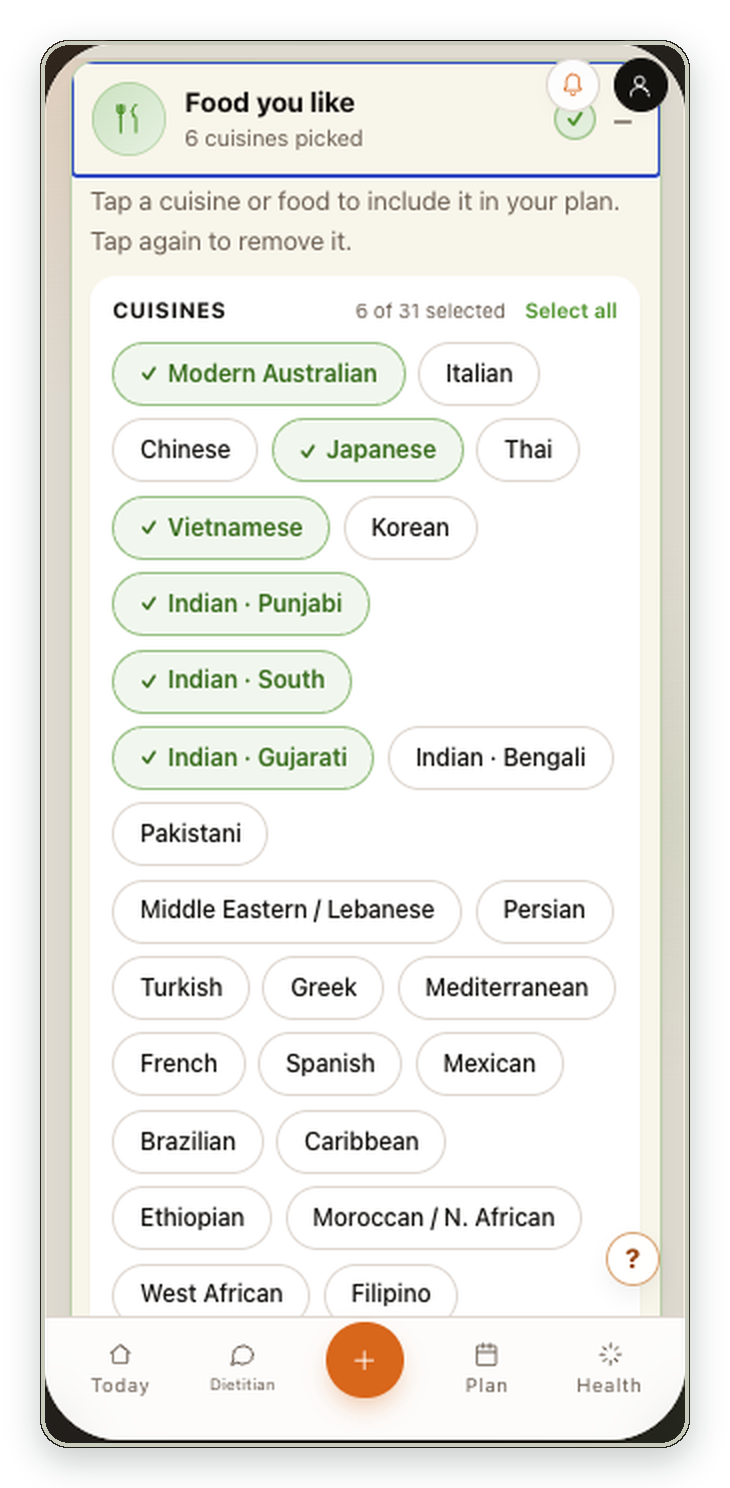 WholeBite cuisine picker, September 2026